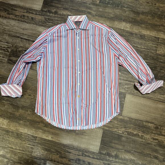 Thomas Dean Men’s Dress Shirt Large Contrast Cuff Striped Blue Red - Picture 1 of 7